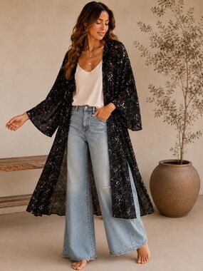 LUCKY BRAND Floral Sheer Kimono Duster Boho Layering Cardigan M/L